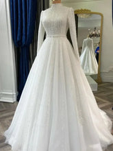 Luxury Bespoke Wedding Dress High Neck Beaded Lace Muslim Wedding Gown Ivory Tulle Long Sleeve Bridal Dress for Bride
